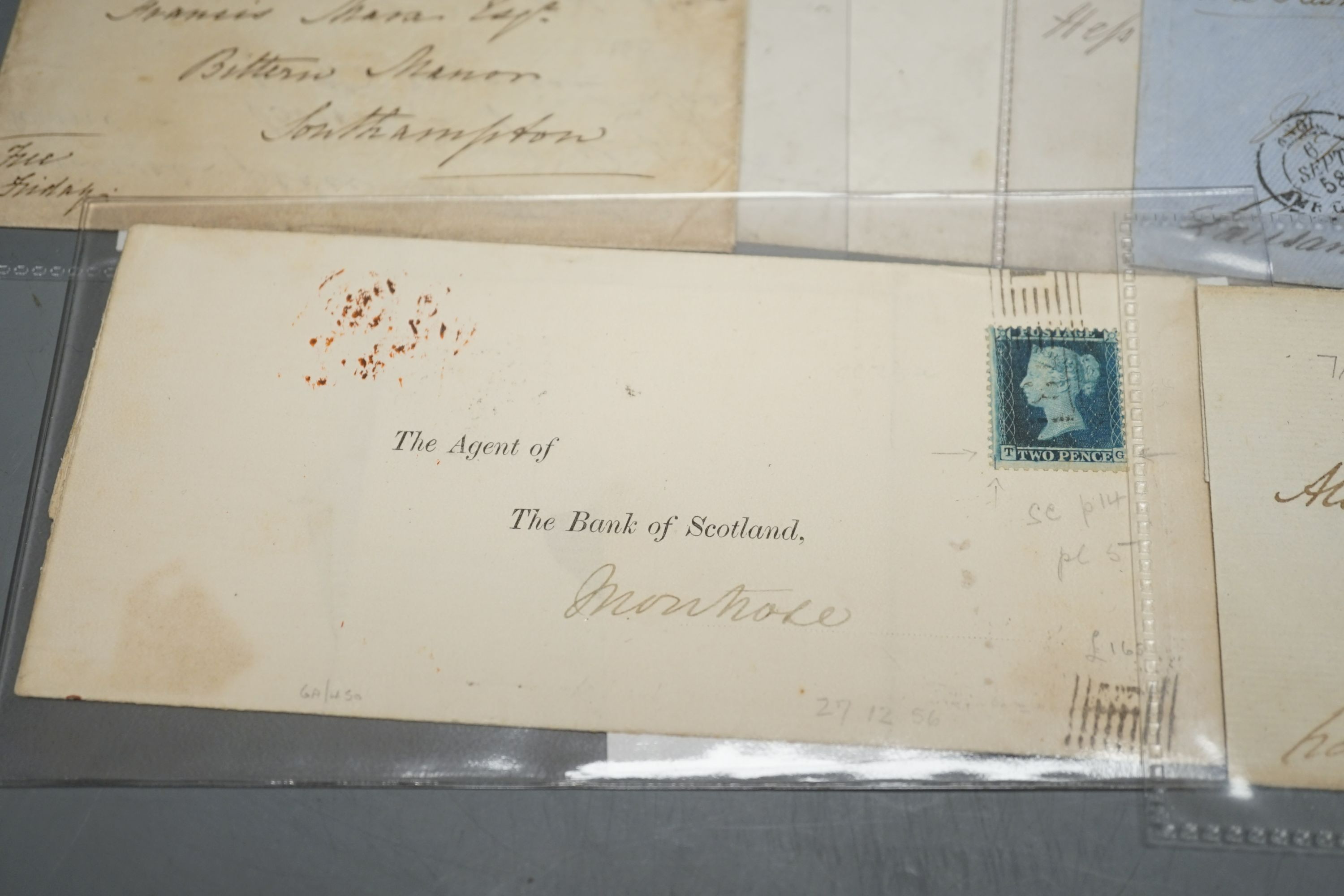 Great Britain group of seven covers with Dec. 1840 1d black plate 4, Feb. 1841 1d black, pair plate 8 to Southampton, Apr. 1841 1d black plate 7, 1856 2d blue. Two large covers with 1d reds and 1858 2d blue. 1858 pair 4d